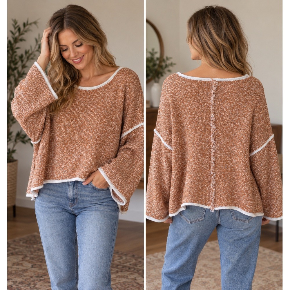 POL Sweater Women Large Orange Knit Exposed Seam Raw Hem Oversized Autumn